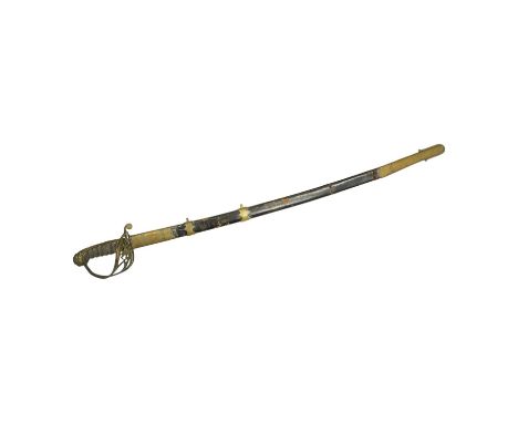 An 1845 pattern infantry officer’s sword, with plain slightly curved blade, regulation solid brass guard, and wire bound fish