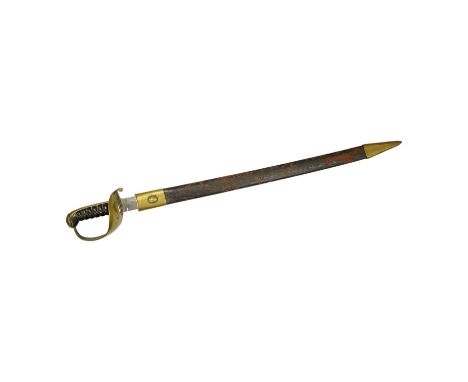 A late 19th century boarding cutlass with plain blade, plain brass guards and mounts, and leather covered grip,  in its brass