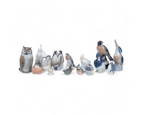 A collection of  sixteen Royal Copenhagen models of birds. Tallest a  Kingfisher, 18cm high. Condition - the robin is chipped