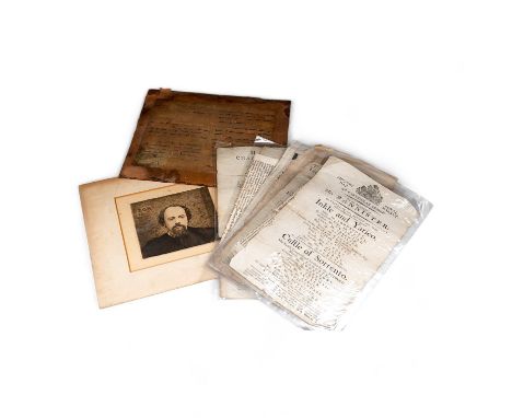 A collection of early 19th century bills and flyers etc and an etching of Rossetti, etching 14cm x 12cm. Condition - poor to 