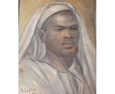 H. Longfellow, oil on board, Portrait of an Arab, signed and indistinctly dated, 38 x 30cm. Condition - fair