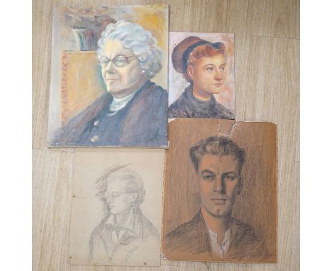 Ernest Waldron West (1904-1994), four works comprising, oil on canvas, Portrait of an elderly lady, two charcoal/pencil sketc