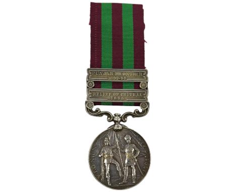 An India Medals with Punjab Frontier 1897-98 and Relief of Chitral 1895 clasps Naming erased, light wear.