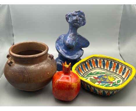 Abstract sculpture of a figure with blue glaze, signed 'LL 03', 18.5cm high with a Pomegranate ceramic sculpture, a small bro