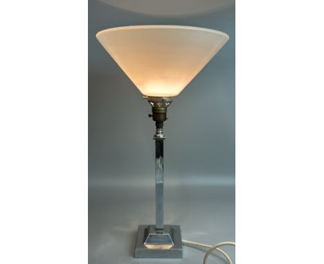 Art deco chrome and milk glass uplighter table lamp with square base, 50cm high, 29cm diameter, in working order / AN16