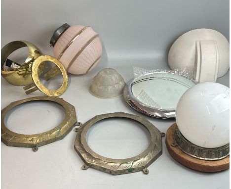 Assorted art deco light fittings including a pink frosted glass lamp shade, ceramic shade and parts / AN21