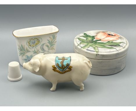 Minton 'Vanessa' bone china toothpick holder, Swan China crested Pig ' St Leonards', Duchess England bone china thimble and a