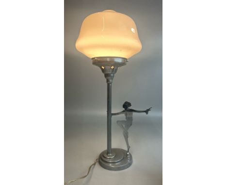 Vintage art deco chrome and milk glass table lamp with dancer figure, in working order, 48cm high, 20cm diameter / AN16
