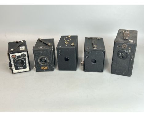 Five vintage box cameras including Ensign "All Distance", Kodak Brownie six-20 model C ands Kodak Brownie no. 2 / AN32