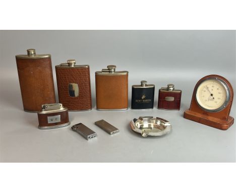 Five vintage hip flasks including Remy Martin, tallest 8.5cm high, vintage lighters including a Ronson "Senator" with "Shell 
