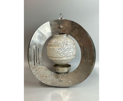 Art deco chrome and frosted glass pendant light shade, 29cm wide, 36 cm high / AN14