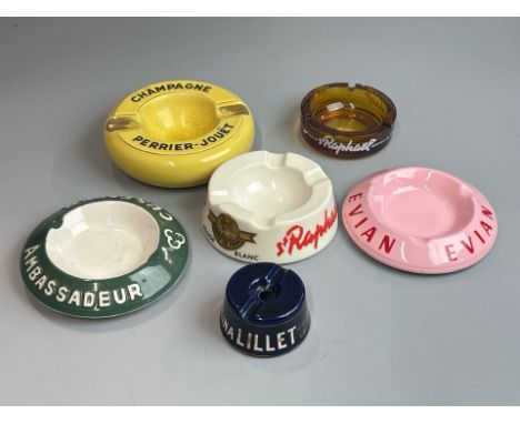 Five vintage French advertising ashtrays including Perrier-Jouet Champagne, Raphael Aperitif, Evian and Ambassadeur Cusenier 