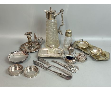 Silver plate including a Mappin &amp; Webb 'princess plate' claret jug, candle holder, desk tray with ink well, part cruet se