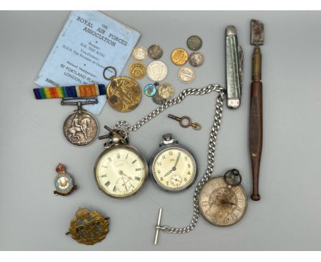 A group of items including a J.C. Graves silver cased pocket watch with hallmarked silver chain, watch case 5cm diameter, cha