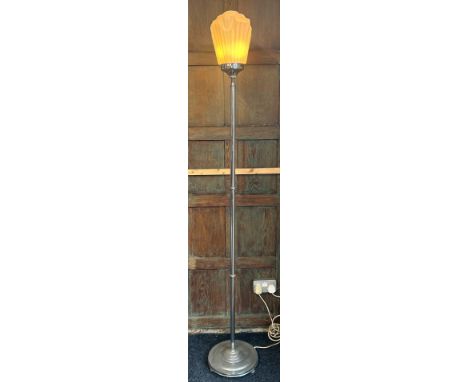 Vintage art deco chrome and milk glass floor lamp, in working order, 183cm high, shade 18cm wide, base 28cm diameter / R