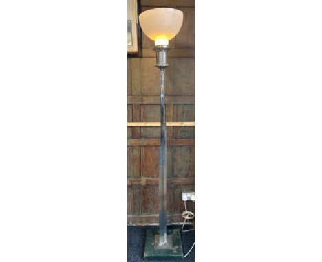 Vintage art deco chrome and milk glass floor lamp with square wooden base, in working order, 186cm high, shade 30cm diameter,
