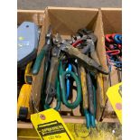 Box of Pliers, Snips, Channel Locks, Staplers, Cutters, & Misc.