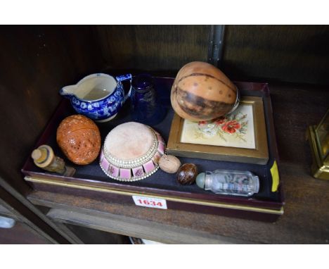 A mixed lot of works of art, to include: a Chinese internally painted rock crystal snuff bottle; a Wedgwood blue and white cr