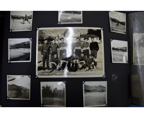 A Japanese lacquer photograph album, containing monochrome photographs and postcards predominately relating to Japan post-war