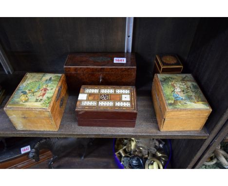 A set of bone and ebony dominoes, in thuya wood box; together with an inlaid cribbage board; two wooden money boxes; and anot