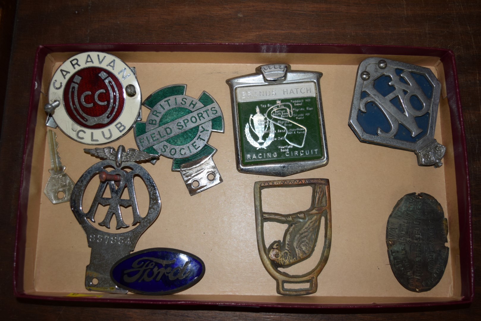 A small collection of vintage car radiator badges.