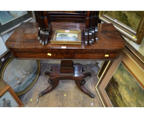 A George IV mahogany and ebony strung pedestal card table, 91cm wide.   