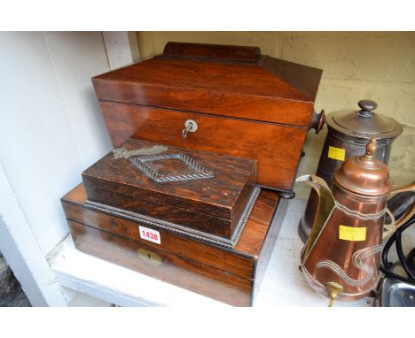 A 19th century rosewood sarcophagus tea caddy, 35cm wide; together with a Victorian walnut casket; and an oak cigarette box a
