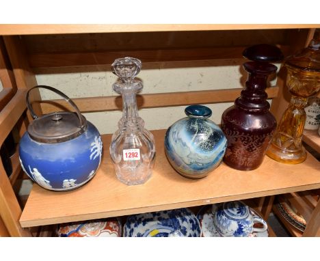 A Mdina glass vase; together with a clear glass decanter and stopper; two Bohemian coloured glass items; and an electroplate 