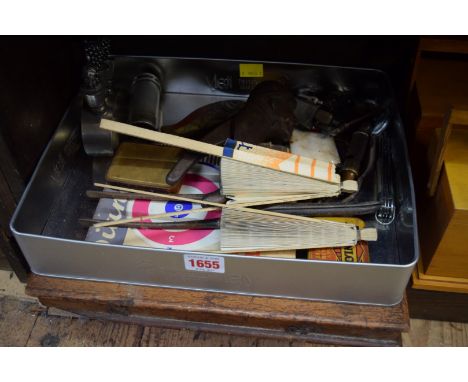 A mixed lot, to include: a Black Forest figural nutcracker; a fish form tin, 10cm long; two Ricard fans; copper coinage; and 