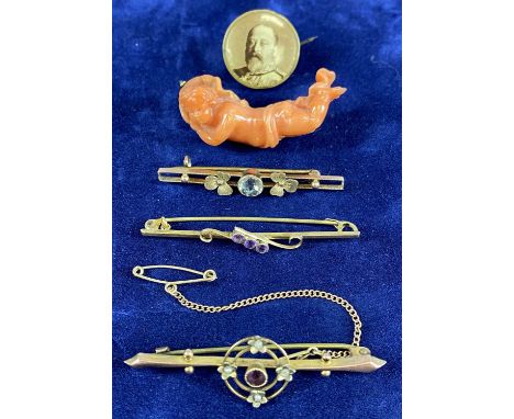 THREE 9CT GOLD BAR BROOCHES, amethyst, split seed pearl and aquamarine set, coral carved figural brooch and Edward VII pin ba