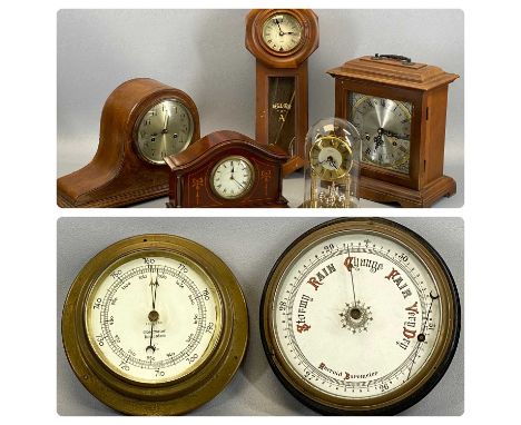 ASSORTED CLOCKS & BAROMETERS including regulator 31-day wall clock, 45cms (h), Walker & Hall inlaid mahogany dome top mantel 