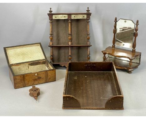 WOODEN ITEMS including small mahogany toilet mirror with swing plate, shaped two tier base with mirror back, 12cms (h), small