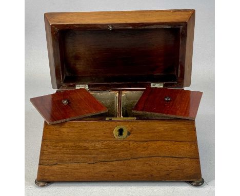REGENCY ROSEWOOD SARCOPHAGUS FORM DOUBLE TEA CADDY on bun feet, fitted interior, 16 (h) x 23 (w) x 14cms (d)Provenance: priva