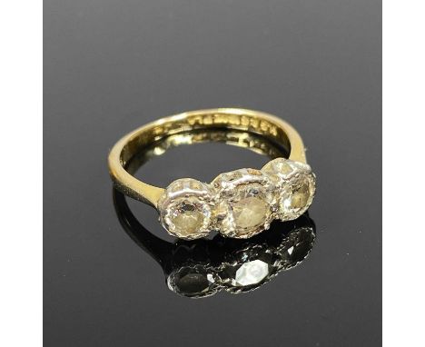 18CT GOLD & PLATINUM THREE STONE DIAMOND RING, visual estimation 0.8ct, size L, 3.2gmsProvenance: deceased estate Conwy