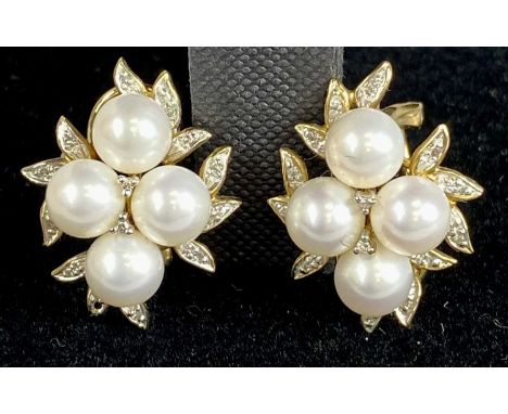 PAIR OF 9CT GOLD SIMULATED PEARL CLUSTER EARRINGS, 8.5gmsProvenance: private collection Conwy