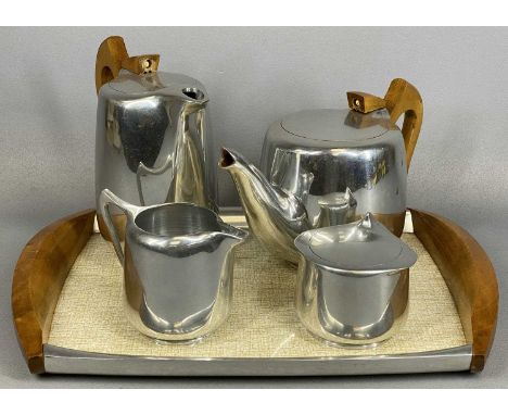 PICQUOT WARE POLISHED ALUMINIUM TEA SERVICE including teapot, hot water jug, lidded sugar basin, milk jug and trayProvenance: