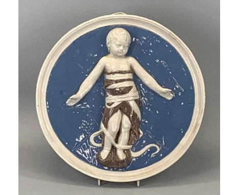 CANTAGALLI FIRENZE CIRCULAR WALL PLAQUE, 20th century, in Della Robbia style with infant in swaddling, impressed marks to rev