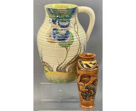 CLARICE CLIFF STYLE 'RHODANTHE' PATTERN SIDE HANDLED VASE, stamped 'Made in England', 30cms (h) and Clews Chameleon Ware slen