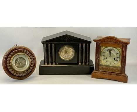 THREE MANTEL CLOCKS including late 19th Century slate clock of architectural form, reeded pillars flanking the gilded dial, 3