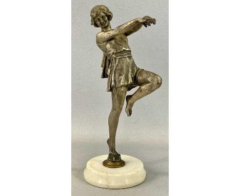 ART DECO STYLE SILVERED SPELTER FIGURE of dancing girl, on circular alabaster plinth, 37cms (h)Provenance: private collection