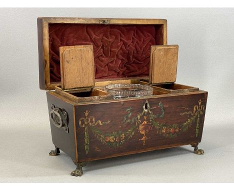 ROSEWOOD DOUBLE TEA CADDY in the Sheraton--revival style, sarcophagus shape with quartered top, main body painted with urns, 