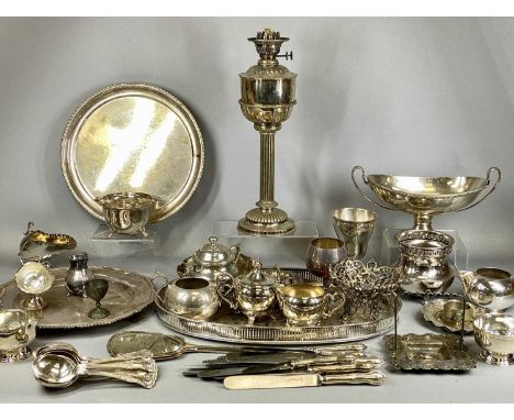 ASSORTED SILVER-PLATED ITEMS including oval galleried tea tray, 45 x 30cms, oil lamp with Corinthian column and twin burners,