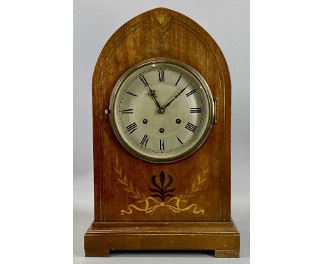 EDWARDIAN INLAID MAHOGANY CASED MANTEL CLOCK with silvered dial, Roman numerals, 8-day movement, by Gustav Becker, striking o