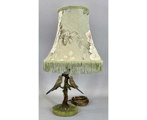 AUSTRIAN COLD PAINTED BRONZE BUDGERIGAR TABLE LAMP, mid-20th century, realistically perched on branches, terminating on green