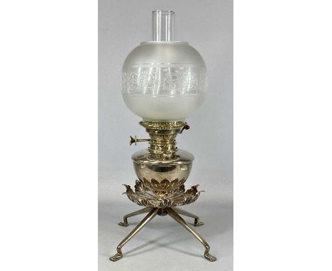 W.A.S. BENSON ARTS & CRAFTS SILVER-PLATED OIL LAMP, circular reservoir with twin burners, leaf design under tier and on four 