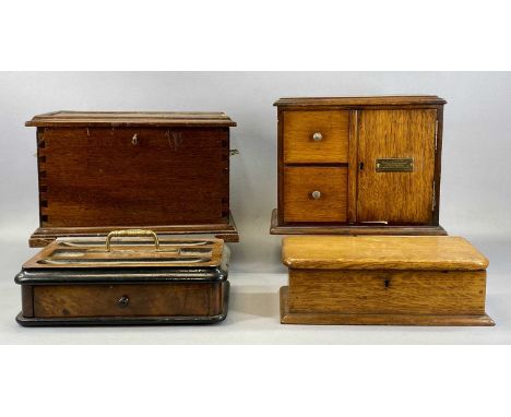 MAHOGANY TABLETOP BOX WITH HINGED COVER on bracket feet, 36cms (w), walnut and ebony desk stand with brass carrying handle an