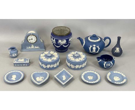 WEDGWOOD BLUE & WHITE JASPERWARE including mantel clock, 14cms (h), teapot, 13cms (h), pair of circular lidded bowls, 12cms (