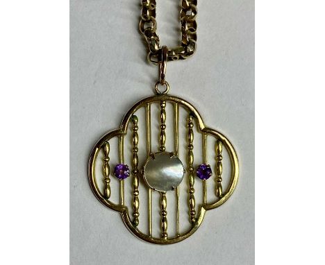 9CT GOLD PENDANT set with mother of pearl and amethysts, with chain 40cms (l), 9.5gms grossProvenance: private collection Gwy