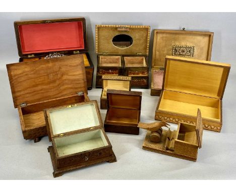 COLLECTION OF WOODEN BOXES, 19th century and later including mahogany sarcophagus form double tea caddy with fitted interior 