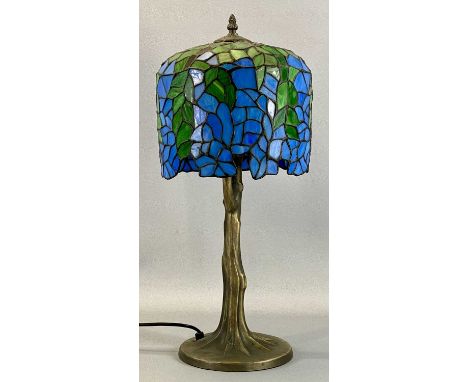 TIFFANY STYLE TABLE LAMP with naturalistic form metal base, blue and green leaded type shade, 55cms (h)Provenance: private co